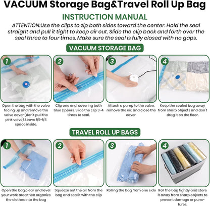 Vacuum Storage Bags,20Pack Vacuum Seal Bags for Clothing,Travel,Clothes,Comforters,Blankets,Pillows-4 Jumbo+4 Large+4 Medium+4 Small+4 Roll Up Space Saving Bag Hand Pump Inclued