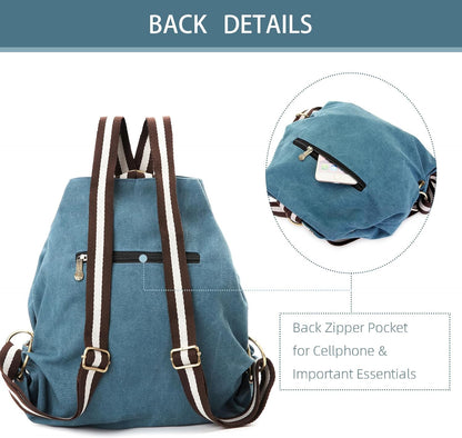 Goodhan Women Canvas Backpack Daypack Casual Shoulder Bag, Vintage Heavy-duty Anti-theft Travel Backpack (Green Blue)