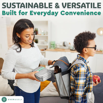Everusely - Bento Box - Green, 60oz / 1.8 L - Stainless Steel Lunch Box with Leakproof Condiment Container - 3 Compartment Snack Organizer for On the Go Meals - Freezer & Dishwasher Safe