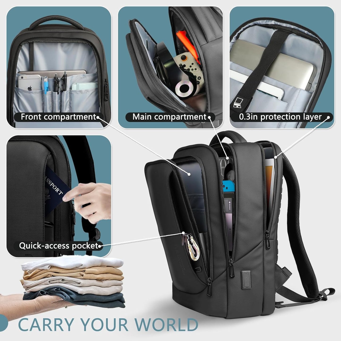 hk Laptop Backpack for Men with USB Charging Port Water-Resistant for 15.6 Inch Computer Bag Durable High-Tech Daypack Casual Backpack for Business Work College Weekender Travel-Black