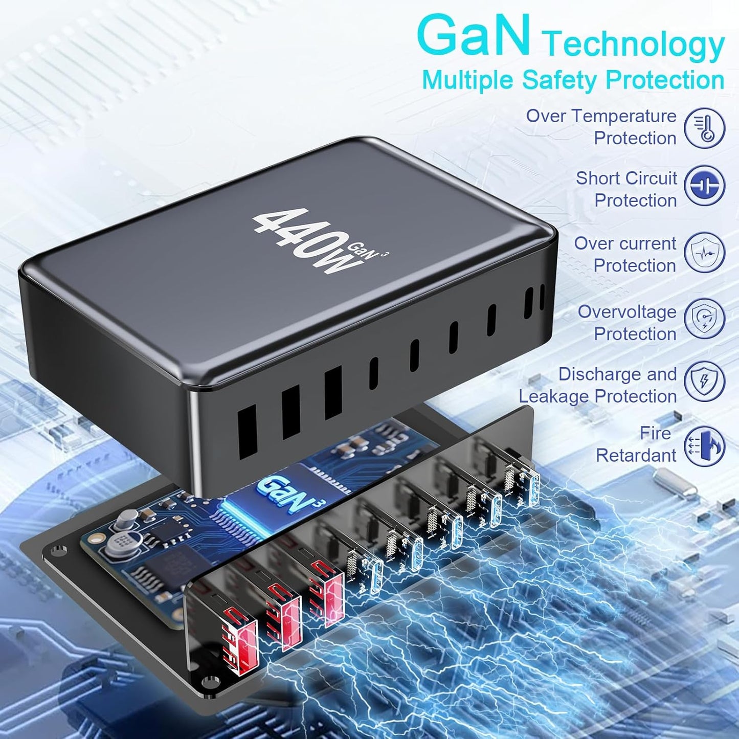 440W USB C Charger Block, 8-Port Fast USB Charging Station Dual PD 100W GaN Ⅲ Pro Charging Station For Multiple Devices, Laptop Charger Adapter Compatible with MacBook, DELL, iPad, iPhone, Samsung etc