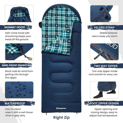 KingCamp Sleeping Bag for Adults, Cold Weather & Warm XL Big and Tall Flannel Sleeping Bags with Compression Sack Portable Waterproof Essentials Gear Accessories for Outdoor Camping
