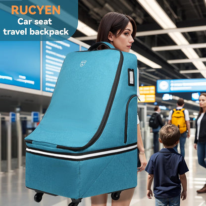 Rolling Car Seat Travel Bag, Padded Carseat Travel Backpack for Airplane,Large Durable Carseat Travel Bag with 4 Wheels,Adjustable Shoulder Strap and Waterproof Base Blue