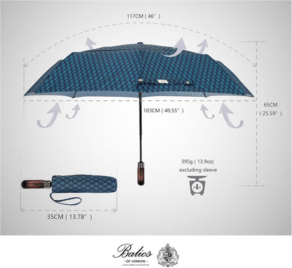 Balios Travel Folding Umbrella with Real Wood Handle Auto Open Close Vented Windproof Canopy - Designed in UK