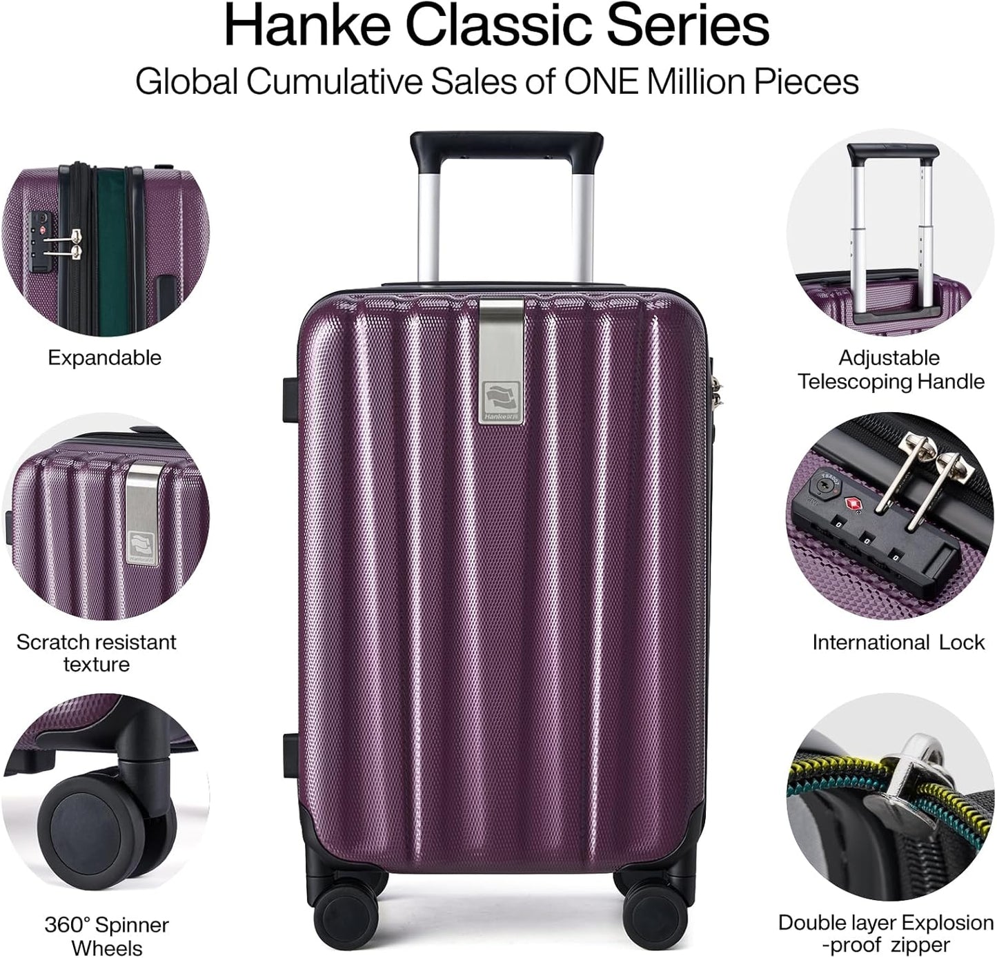 Hanke 20 Inch Expandable Carry on Luggage 22x14x9 Airline Approved Lightweight PC Hard Shell Suitcases with Wheels Tsa Luggage Rolling Suitcase Travel Luggage Bag for Weekender(Purple)
