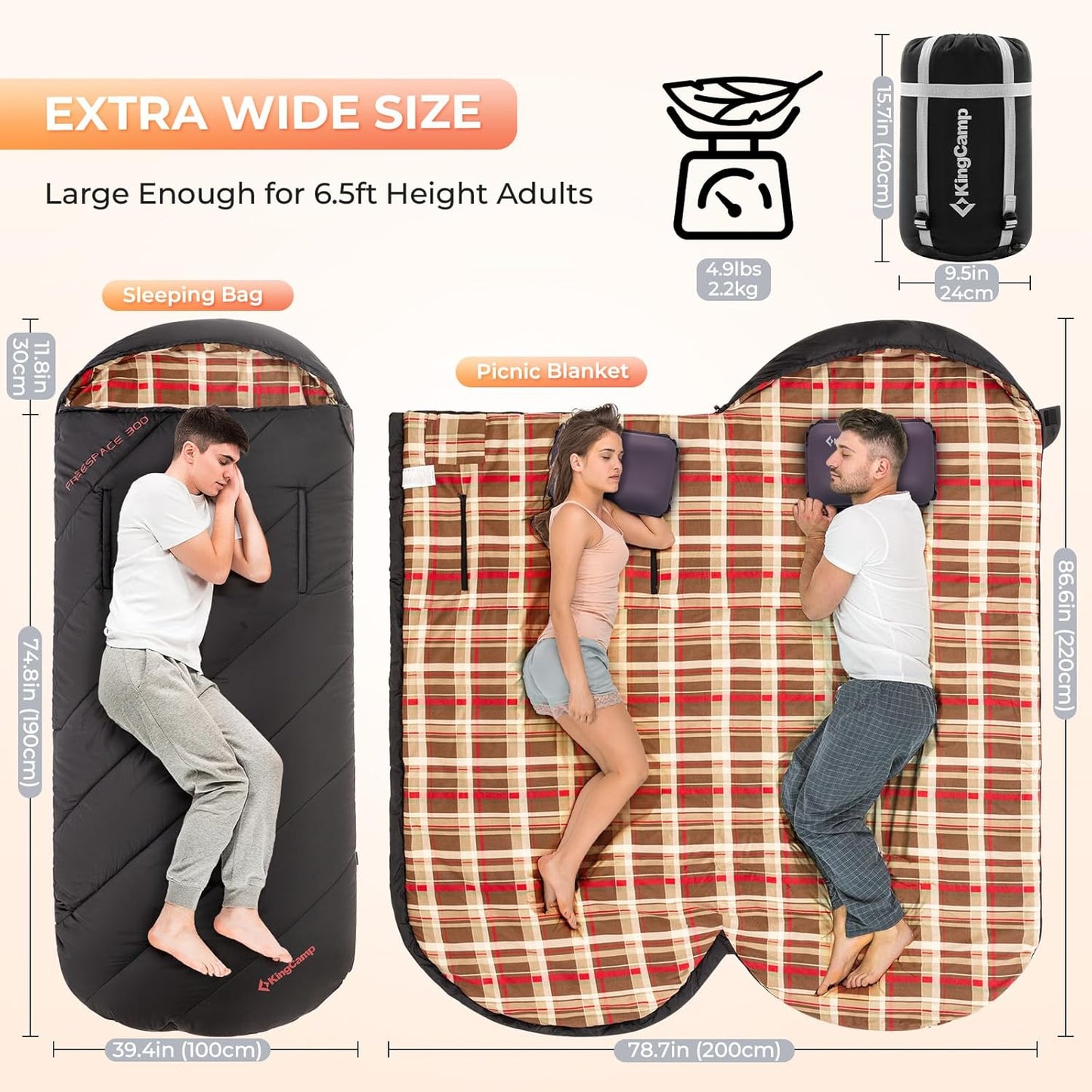 KingCamp Sleeping Bag for Adults, Cold Weather & Warm Extra Wide Big & Tall XL Portable Waterproof Flannel Sleeping Bags, Essentials Gear Accessories for Camping Backpacking Hiking Indoor & Outdoor