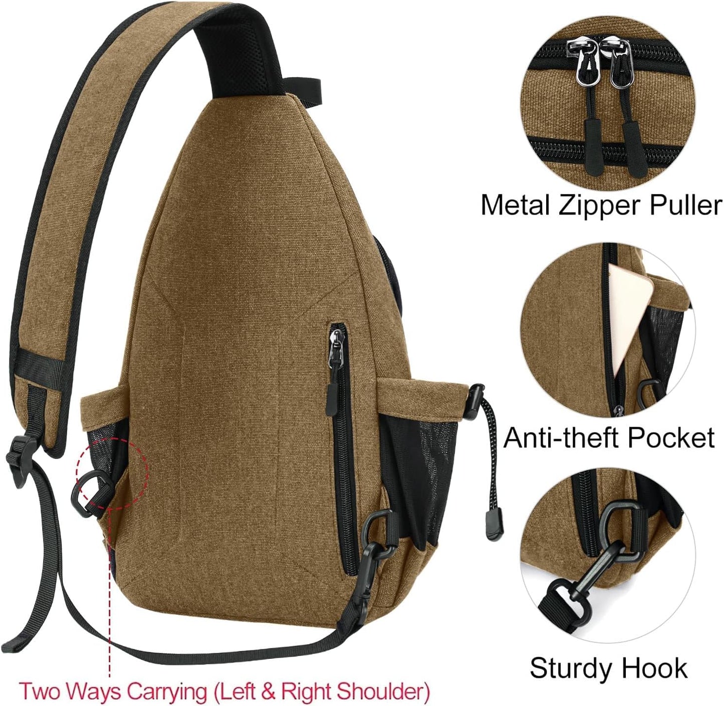 MOSISO Sling Backpack,Canvas Crossbody Hiking Daypack Bag with Anti-theft Pocket, Brown