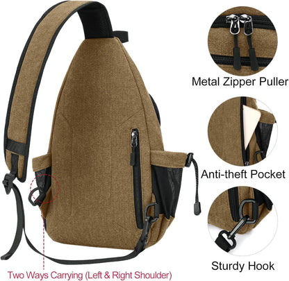 MOSISO Sling Backpack,Canvas Crossbody Hiking Daypack Bag with Anti-theft Pocket, Brown