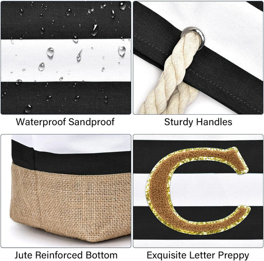 Becokan Beach Bag Initial Beach Tote with Makeup Bag for Travel Work Storage Personalized Birthday Gifts for Women Her