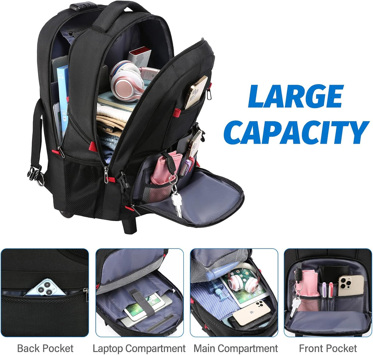 LOVEVOOK Rolling Laptop Backpack with Wheels, Waterproof Travel Carry On Business Backpack for Men, Fits 17 inch (17 inch, Black)