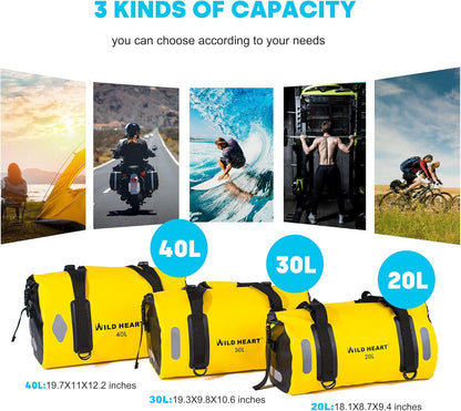 WILD HEART Waterproof Bag Duffel Bag 20L 30L 40L with Welded Seams Shoulder Straps, Mesh Pocket for Kayaking, Camping, Boating,Bicycle,Motorcycle