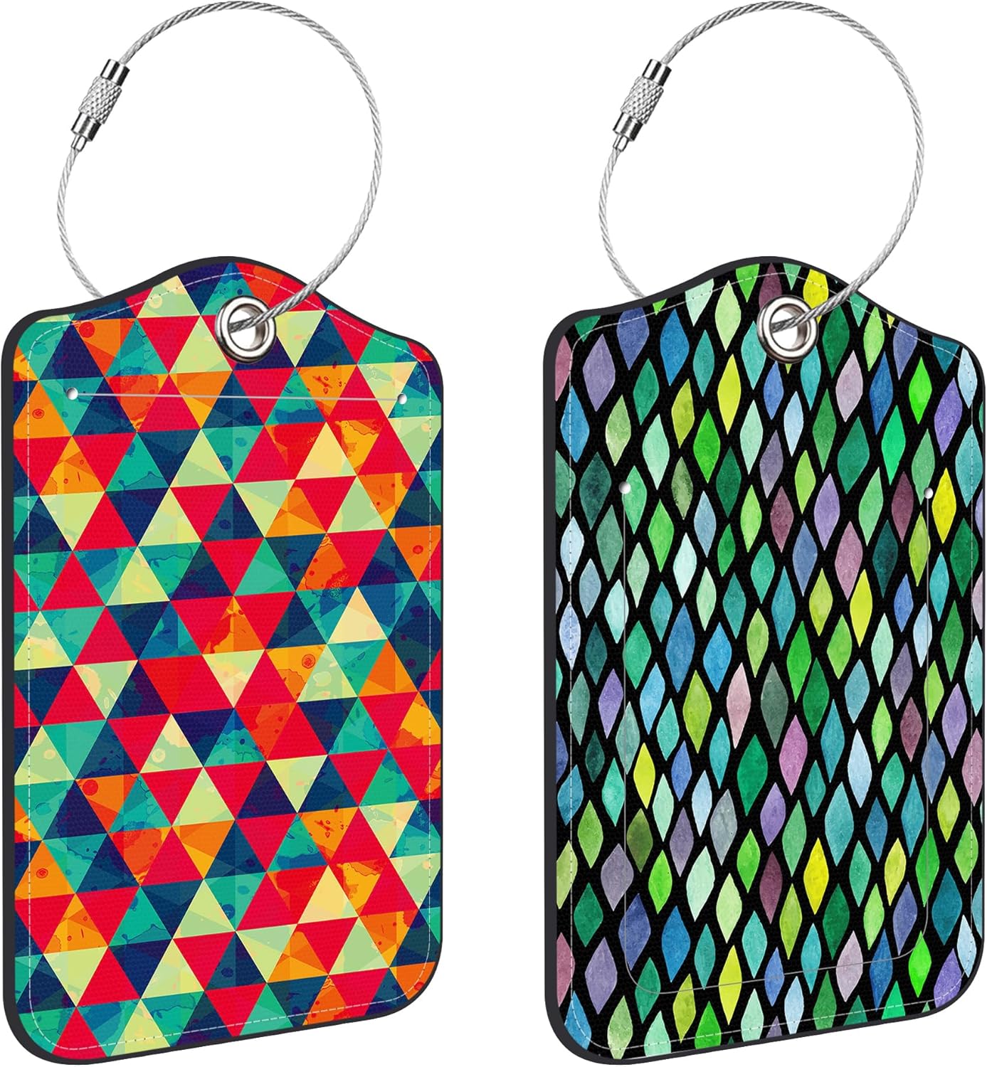 Watercolor Rhombus and Colored Triangle Luggage Tags for Suitcases Leather Travel Tags for Luggage ID Label with Privacy Cover and Stainless Steel Loop for Men Women Suitcase Backpack, Set of 2