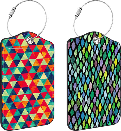 Watercolor Rhombus and Colored Triangle Luggage Tags for Suitcases Leather Travel Tags for Luggage ID Label with Privacy Cover and Stainless Steel Loop for Men Women Suitcase Backpack, Set of 2