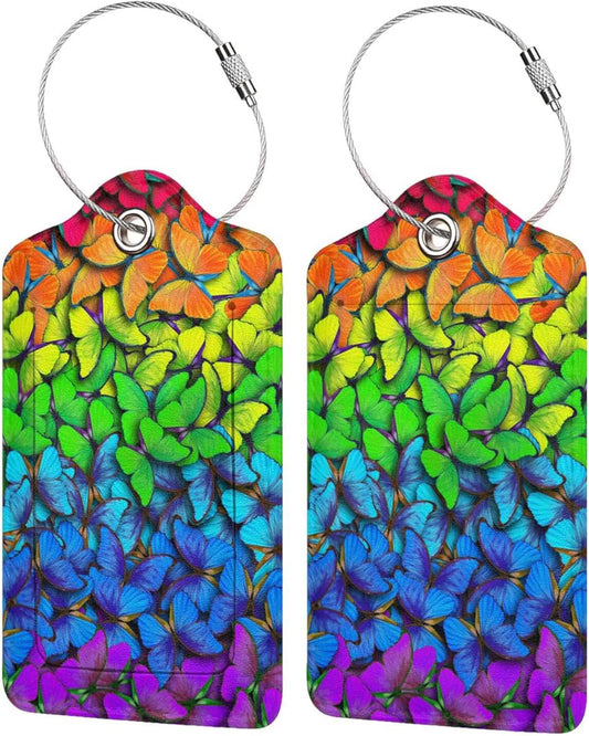 2 Pack Luggage Tag for Suitcases, Colorful Backpack Tag with Beautiful Butterflies Pattern Leather Suitcase Tags Identifiers with Privacy Name Address Labels & Durable Steel Loop for Women Men Travel