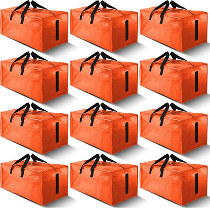 12 Pack Large Strong Moving Bags with Zippers & Carrying Handles - Water-Resistant - Heavy Duty Storage Tote for Space Saving, Fold Flat, Alternative to Moving Box (Orange)