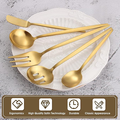Matte Gold Serving Silverware Set, 5-Piece Round Shared Utensils Set of - Image 3