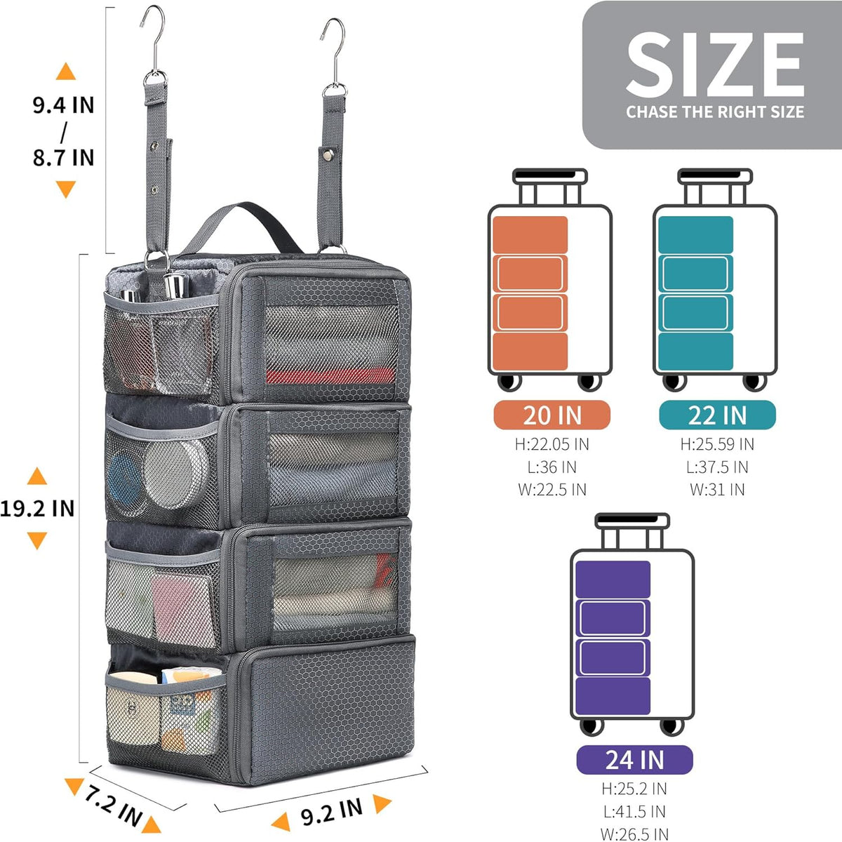 Suitcase Organizer Travel Bags Organizer for Luggage Compression Hanging Packing Cubes for Travel Carry on Closet (Bag Only)