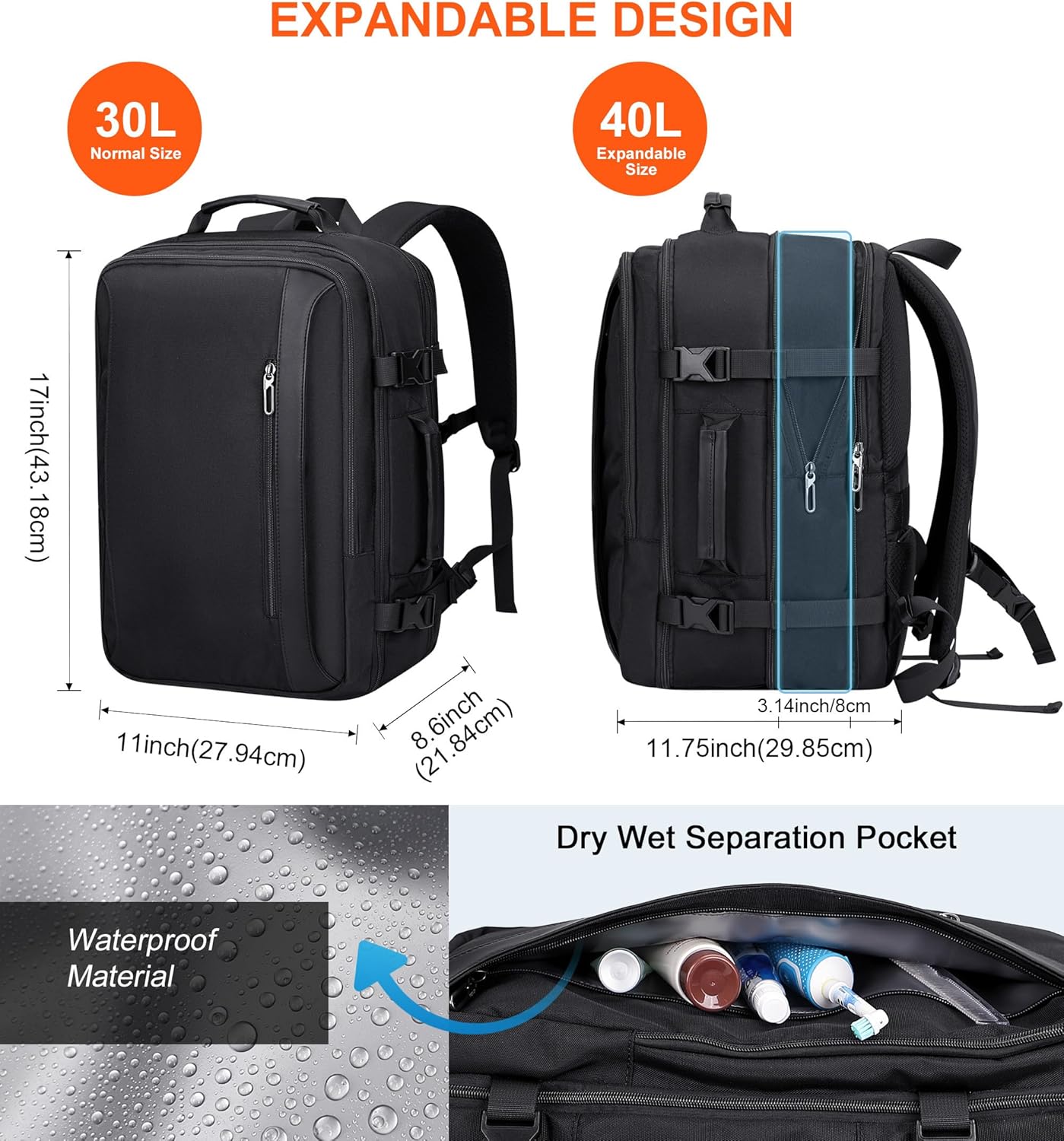 PIJUSHI Travel Backpack for Women Men Expandable Carry on Luggage Backpack Airline Approved Personal Item Laptop Bag(PE034 Black)