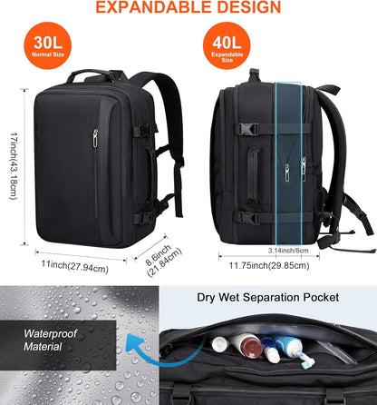 PIJUSHI Travel Backpack for Women Men Expandable Carry on Luggage Backpack Airline Approved Personal Item Laptop Bag(PE034 Black)