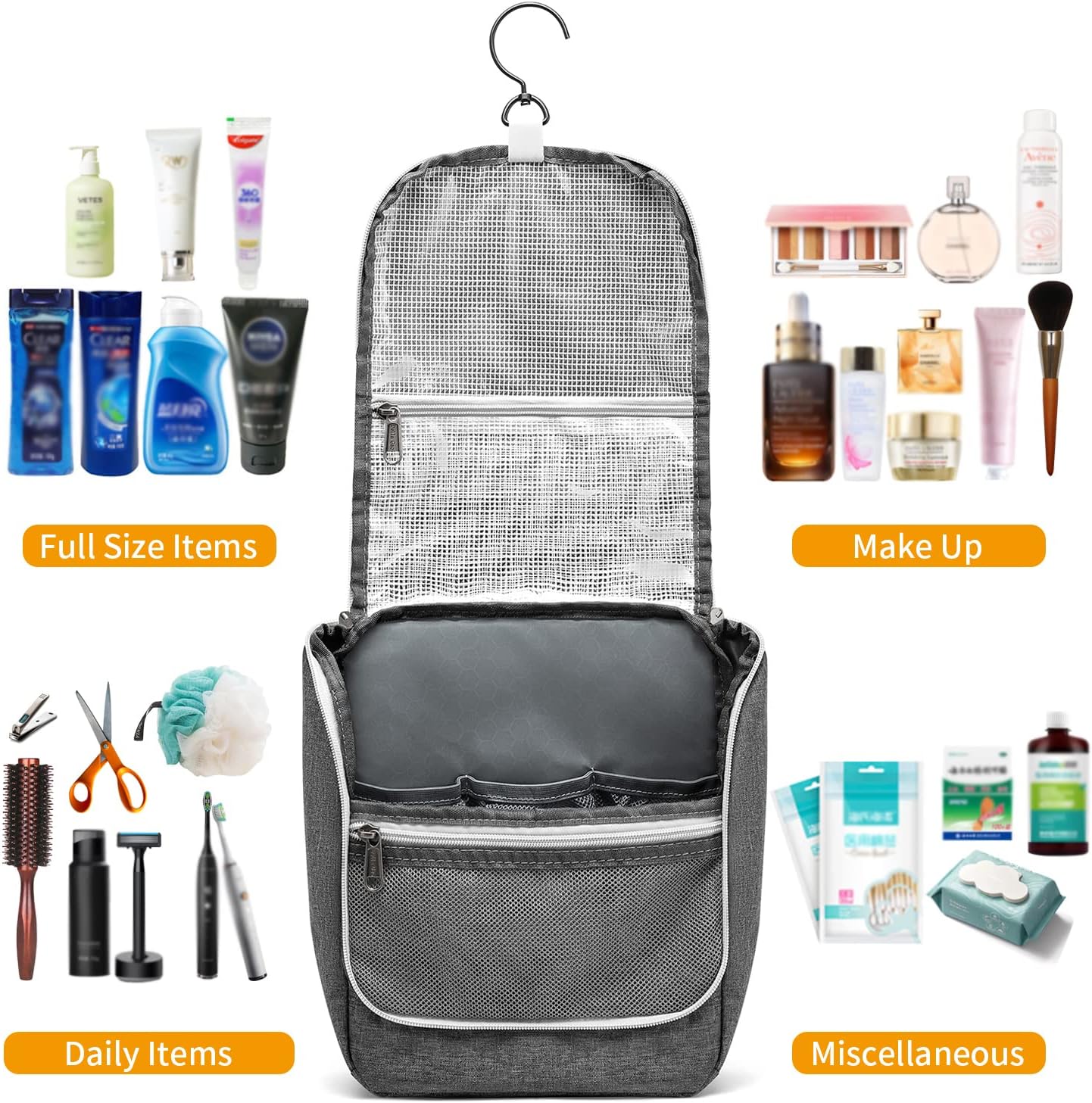 Della Gao Travel Hanging Toiletry bag for Men & Women, Water-resistant Sturdy Nylon Toiletries Organizer for Cosmetics, Makeup Brushes, Shaving Tools, Bathroom Bag, Grey