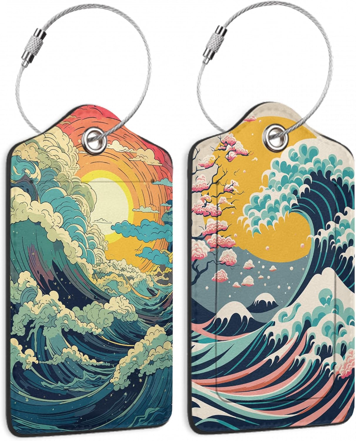 2 Pack Luggage Tag for Suitcase, Waves Sunrise Leather Bag Tags Identifiers Privacy Cover ID Label with Durable Steel Loop for Women Men Kids Girls Travel