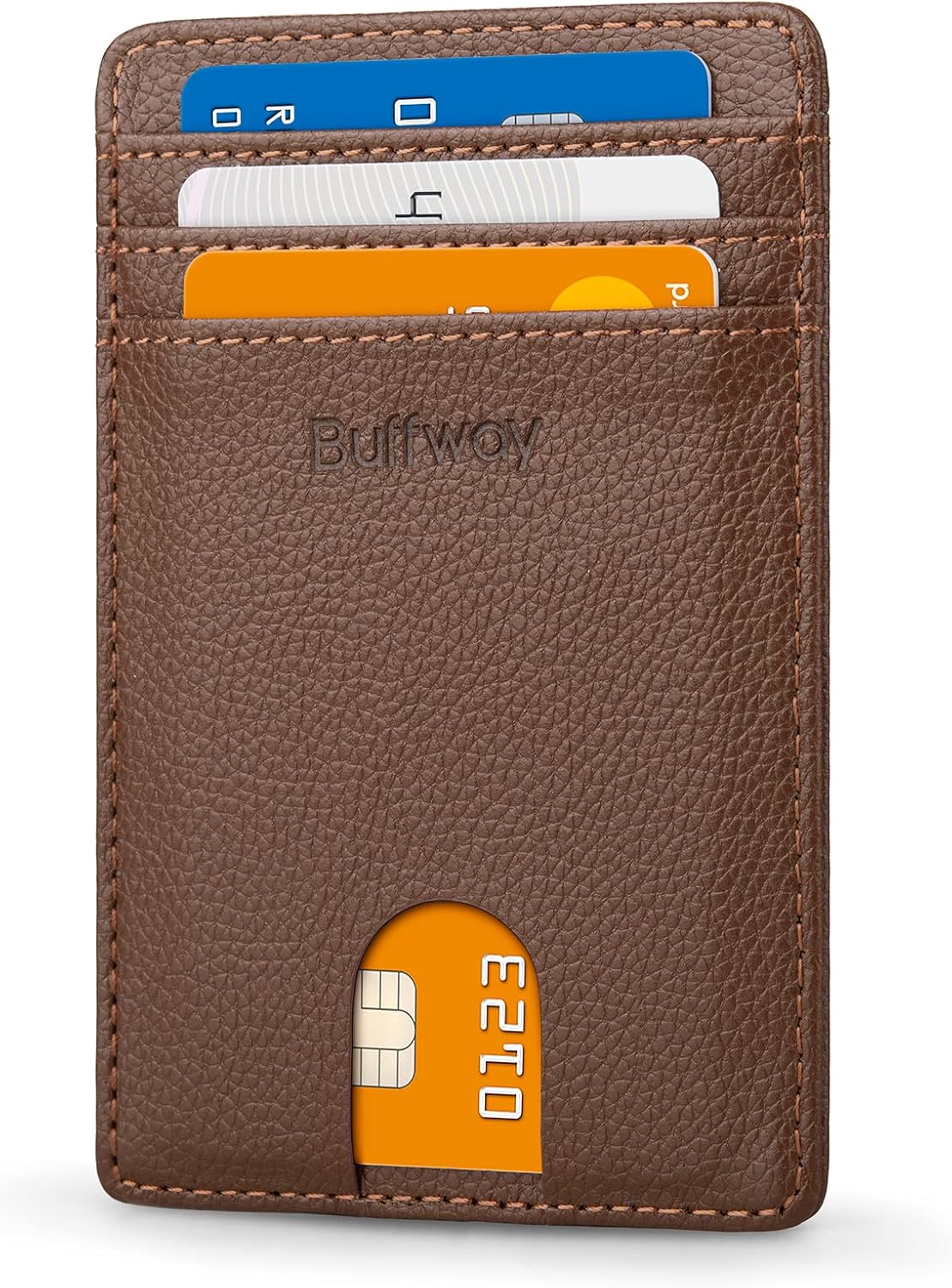 Buffway Mens Slim Wallet, Minimalist Thin Front Pocket Leather Credit Card Holder with RFID Blocking for Work Travel