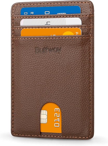 Buffway Mens Slim Wallet, Minimalist Thin Front Pocket Leather Credit Card Holder with RFID Blocking for Work Travel