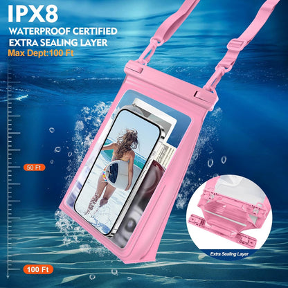 Large Waterproof Phone Pouch [with Sealing Strip], Cell Phone Dry Bag for iPhone 16 15 14 13 Pro Max Galaxy S25 S24 S23 All Devices, Floating Water Proof Bag for Beach Water Park Pink