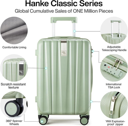 Hanke Luggage Sets 3 piece Carry On Luggage with Wheels PC Hard Shell Suitcases Lightweight Checked Travel Luggage Large Travel Suitcase Woman Men 20/24/29 Inch(Bamboo Green)