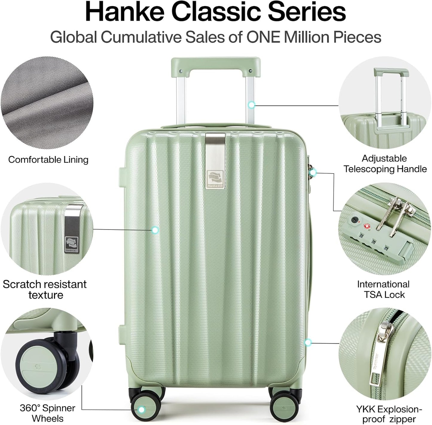 Hanke 24 Inch Luggage Suitcases With Spinner Wheels Lightweight PC Hard Shell Rolling Suitcase With Travel Lock,Checked-Medium 24-Inch(Bamboo Green)