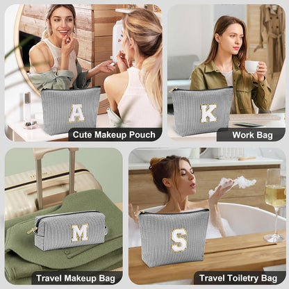 YOOLIFE Initial Makeup Bag - Personalized Monogrammed Travel Toiletry Bag, Perfect for Teens, Weddings, and Preppy Styles - Black