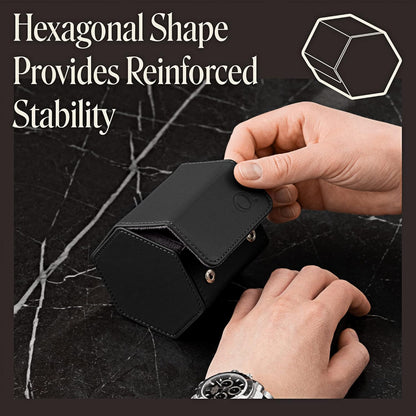 Single Leather Watch Case for Men - Hexagon Watch Roll Travel Case - Genuine Napa Leather with Luxury Velvet Interior - Storage & Display Holder for 1 Watch (Black/Charcoal)