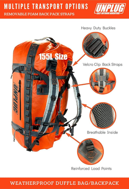 UNPLUG Ultimate Adventure Bag | 1680D Heavy Duty Waterproof Bag | Large Travel Duffle Bag which can be Used for Camping, Motorcycling, Boating, or Hunting (65L Adventure Orange)