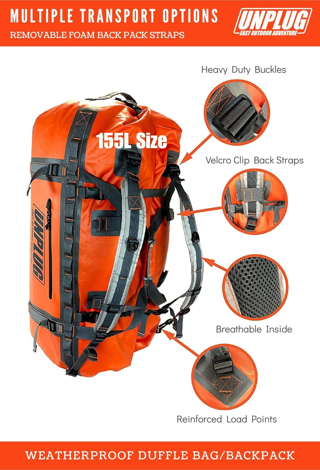 UNPLUG Ultimate Adventure Bag | 1680D Heavy Duty Waterproof Bag | Large Travel Duffle Bag which can be Used for Camping, Motorcycling, Boating, or Hunting (155L Adventure Orange)