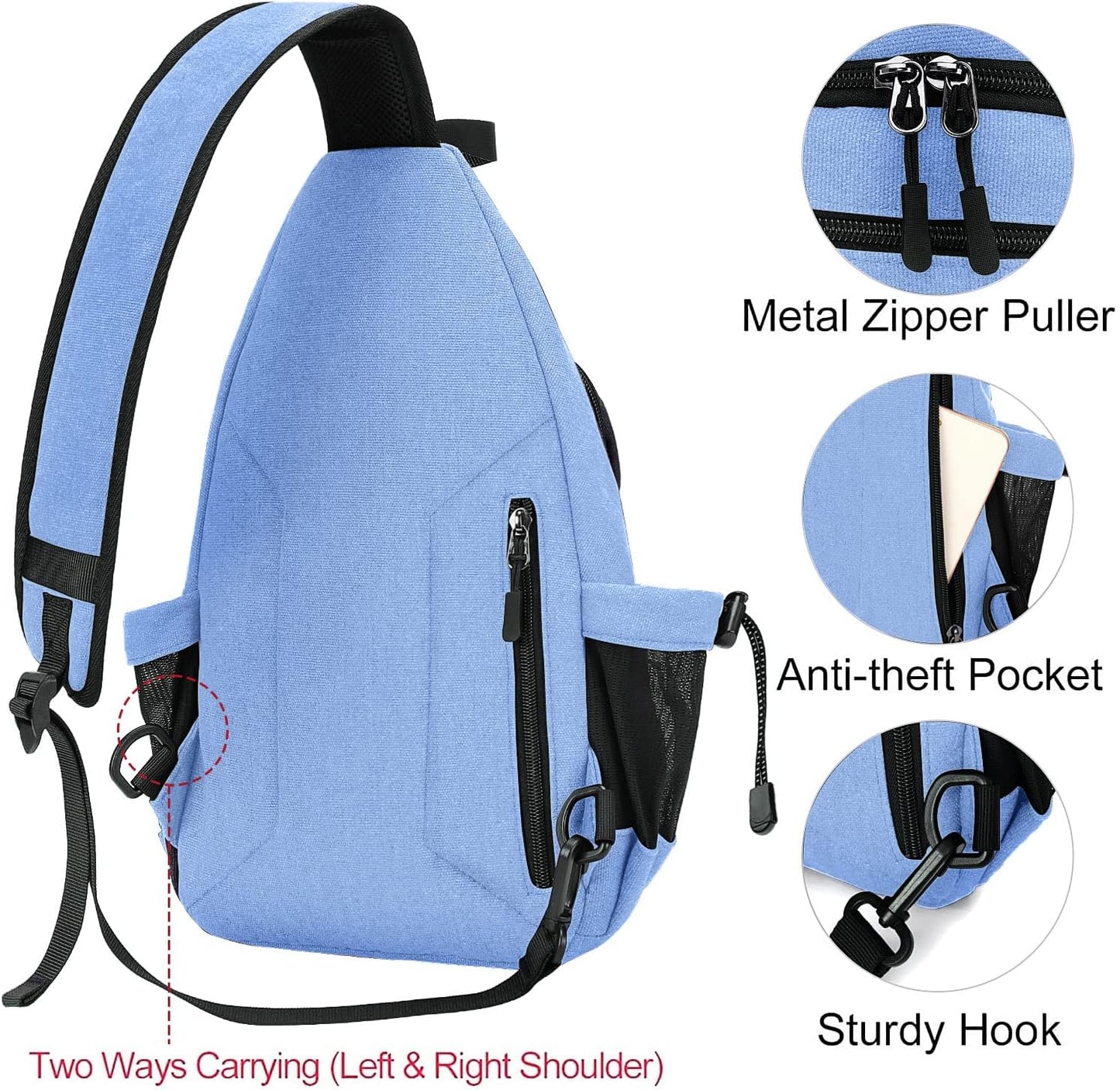 MOSISO Sling Backpack,Canvas Crossbody Hiking Daypack Bag with Anti-theft Pocket, Air Blue
