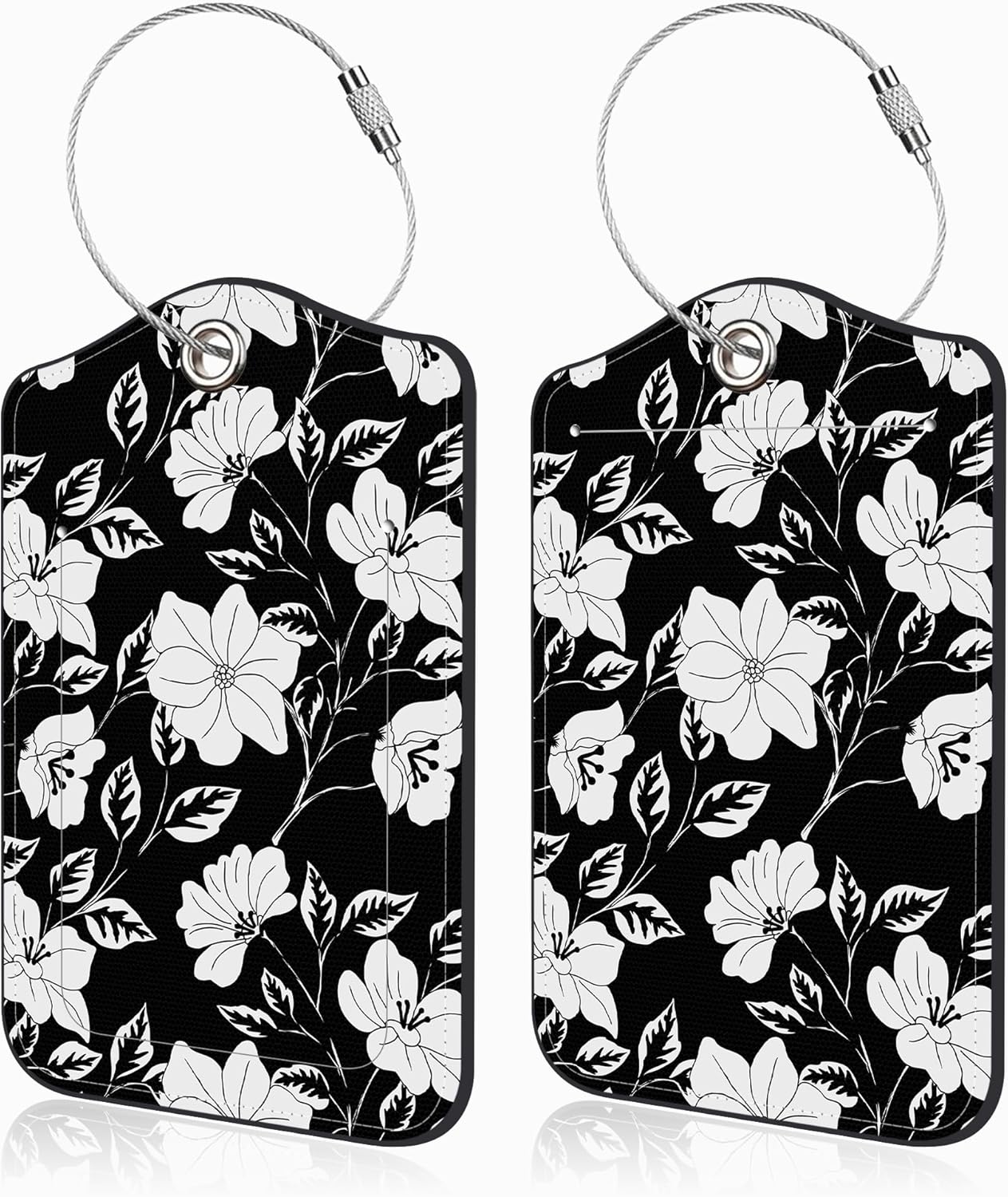 2 Pack Luggage Tags for Suitcases Black Flowers and Leaves Leather Luggage Tags Privacy Cover ID Label with Stainless Steel Loop and Address Card for Women Men Travel Bag Backpack