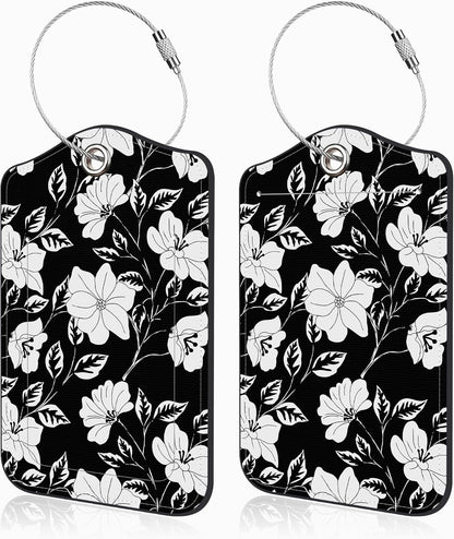 2 Pack Luggage Tags for Suitcases Black Flowers and Leaves Leather Luggage Tags Privacy Cover ID Label with Stainless Steel Loop and Address Card for Women Men Travel Bag Backpack