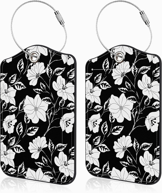 2 Pack Luggage Tags for Suitcases Black Flowers and Leaves Leather Luggage Tags Privacy Cover ID Label with Stainless Steel Loop and Address Card for Women Men Travel Bag Backpack