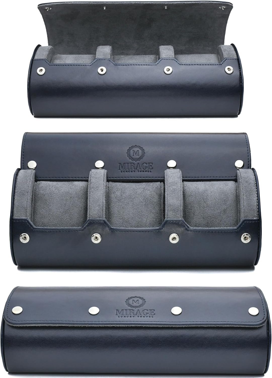 Watch Case Travel Organizer - Watch Roll Case - 3 Watch Case Display Storage - Watches Accessory Gift - Midnight Blue Vegan Leather