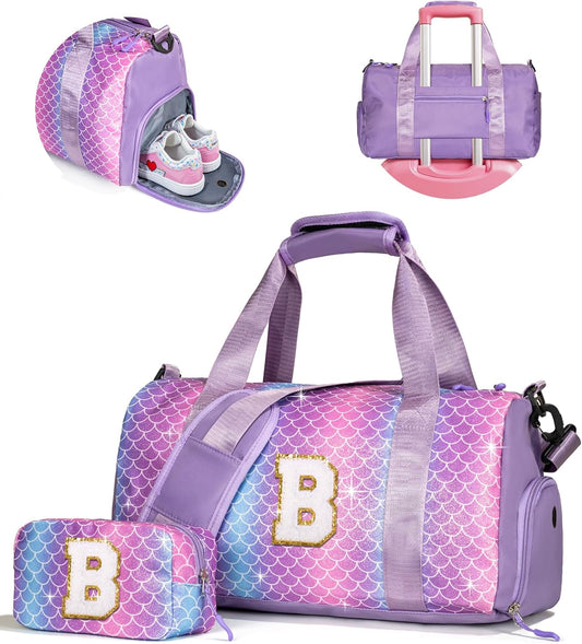 Birthday Gifts for 3 4 5 6 7 8 9 10 11 12 Year Old Girls-Girl Gym Bag with Shoe Compartment, Kid Personalized Weekender Overnight Bags, Initial Travel Tote with Makeup Pouch (Letter B)