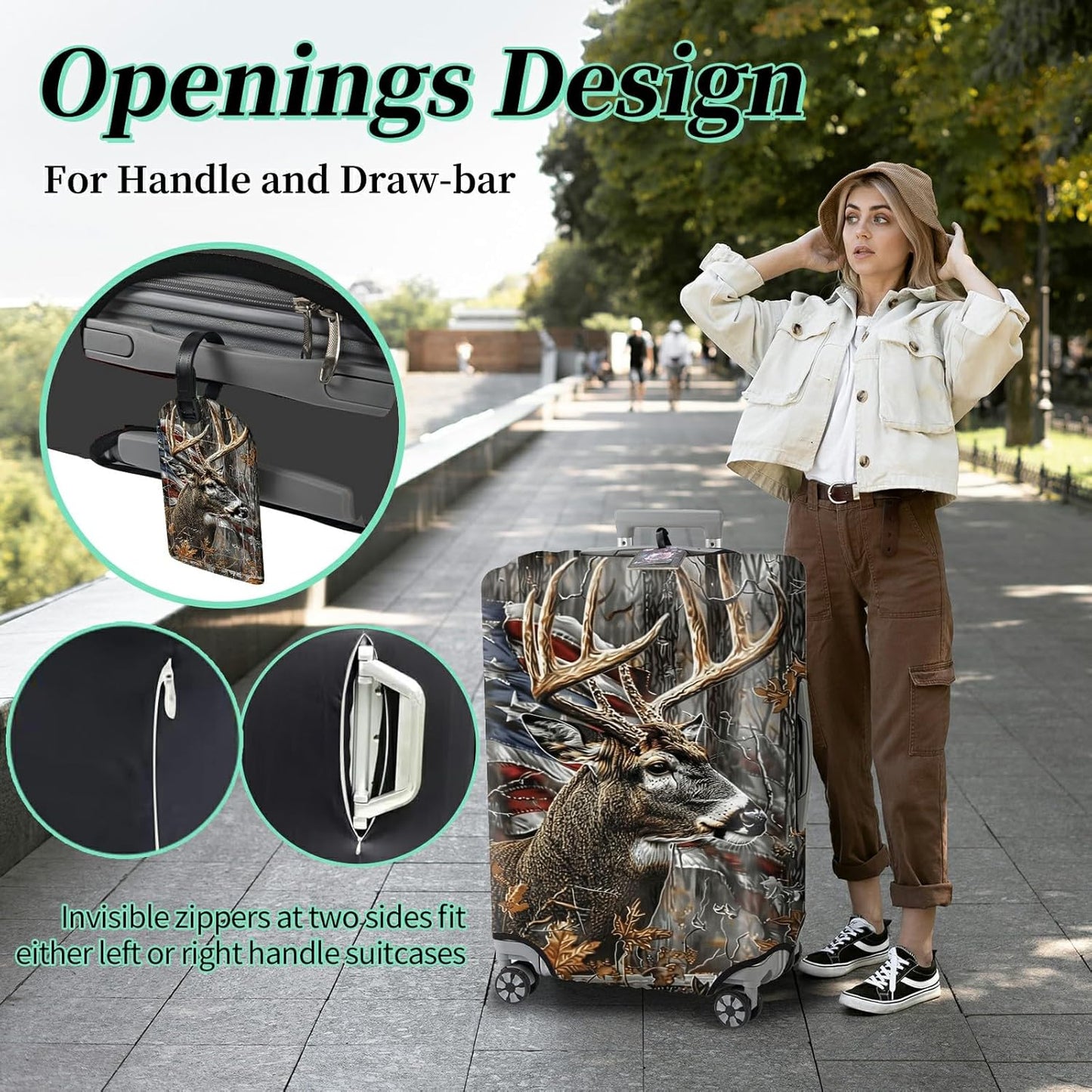 Luggage Cover + Tag, Camo Deer Flag Travel Suitcase Protector for 24 inch Luggage (M) with Concealed Zipper, Washable Elastic Cloth, Dustproof, Anti-Scratch