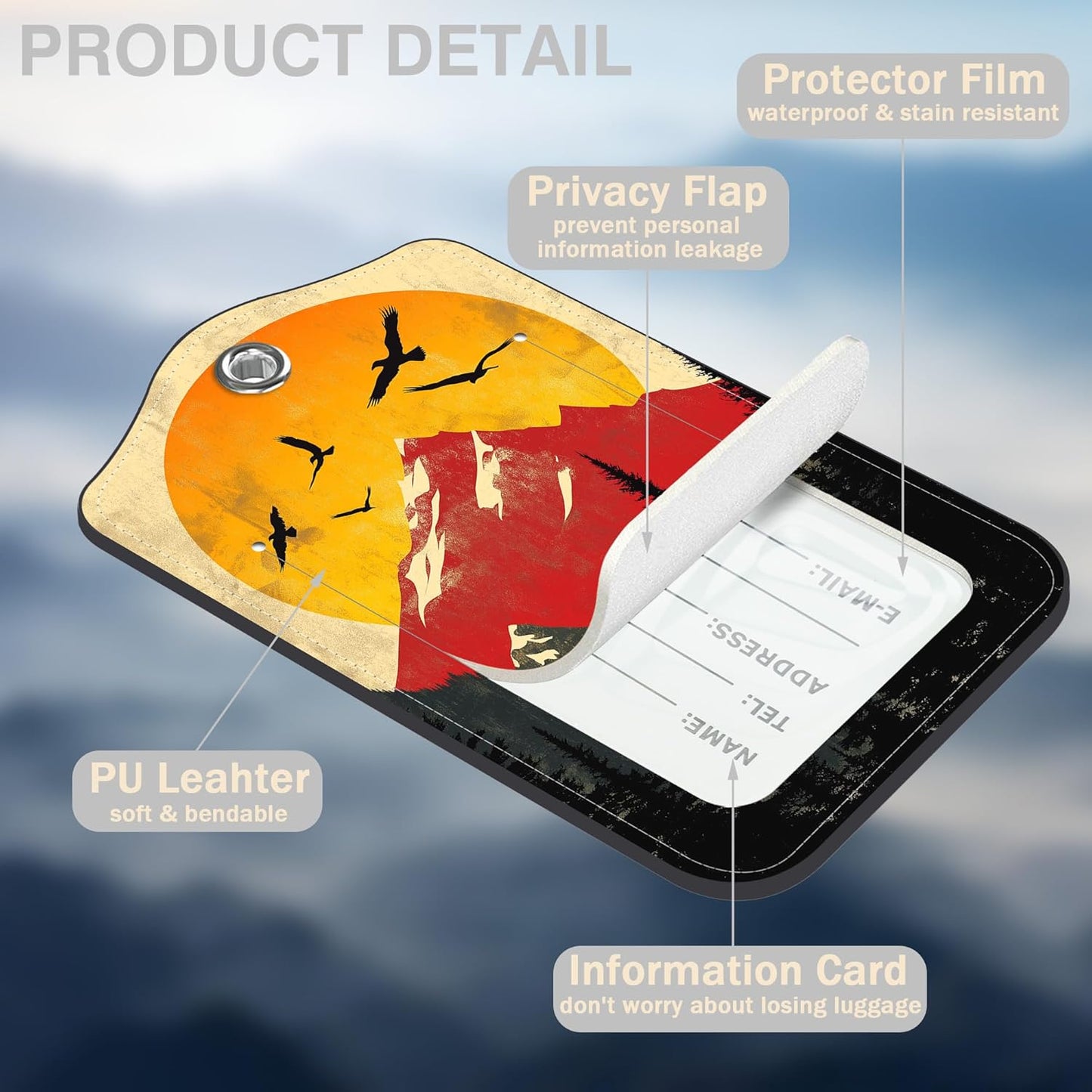 2 Pack Luggage Tags for Suitcases Mountain Landscape at Sunset Leather Luggage Tags Privacy Cover ID Label with Stainless Steel Loop and Address Card for Women Men Travel Bag Backpack