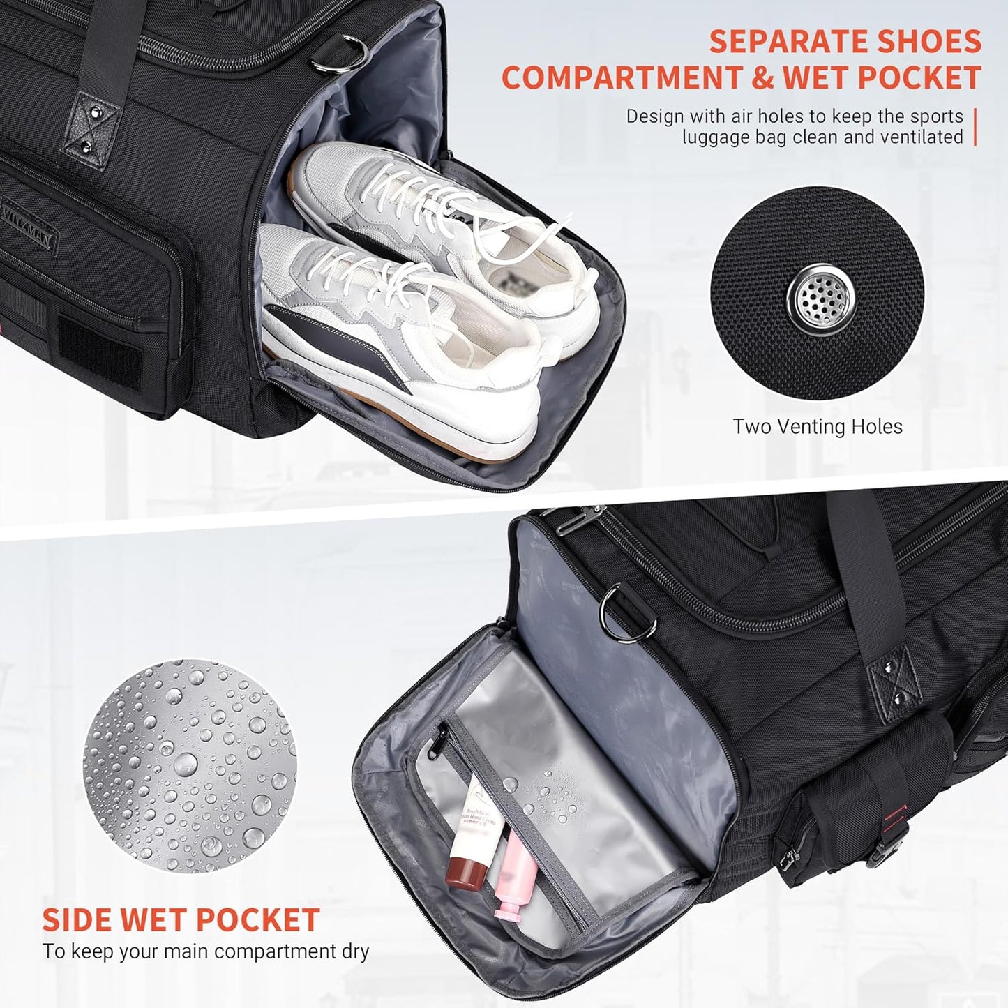 WITZMAN Travel Duffel Bags for Men Large Carry On Weekender Overnight Bag 3 in 1 Backpack with Shoe Compartment （B693 Black）