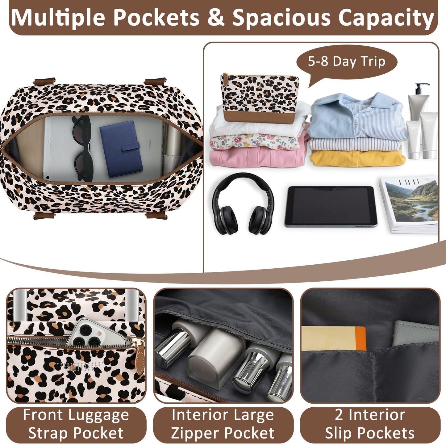 Travel Duffle Bag for Women, Weekender Bags, Hospital Bag for Labor Delivery,Lightweight Tote Duffel Overnight Bag with Luggage Sleeve,Airplane Travel Bags with Toiletry Bag,X-Large,Leopard