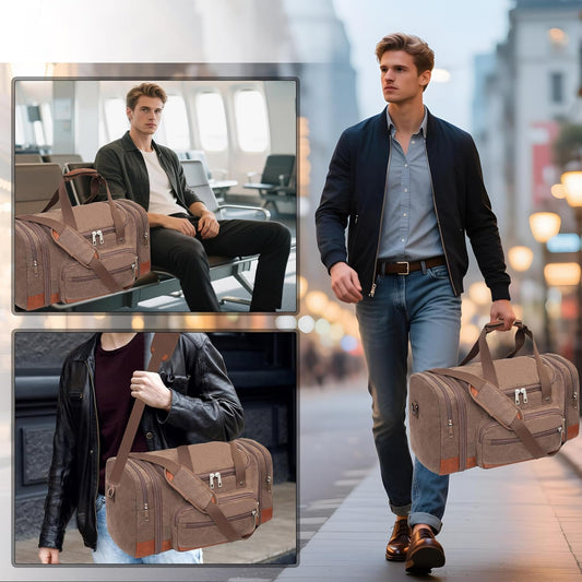 Men'S Duffle Bag For Travel, Expandable Canvas Duffel Bags Overnight Weekend Gym Carry On Luggage Bag For Men(Coffee)
