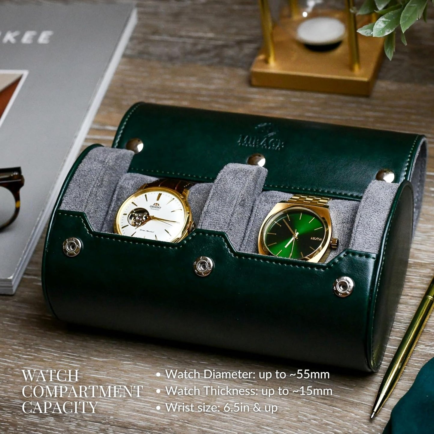 2 Watch Travel Case for Men- Watch Roll Holder and Display - Royal Green Swiss Motif Vegan Leather