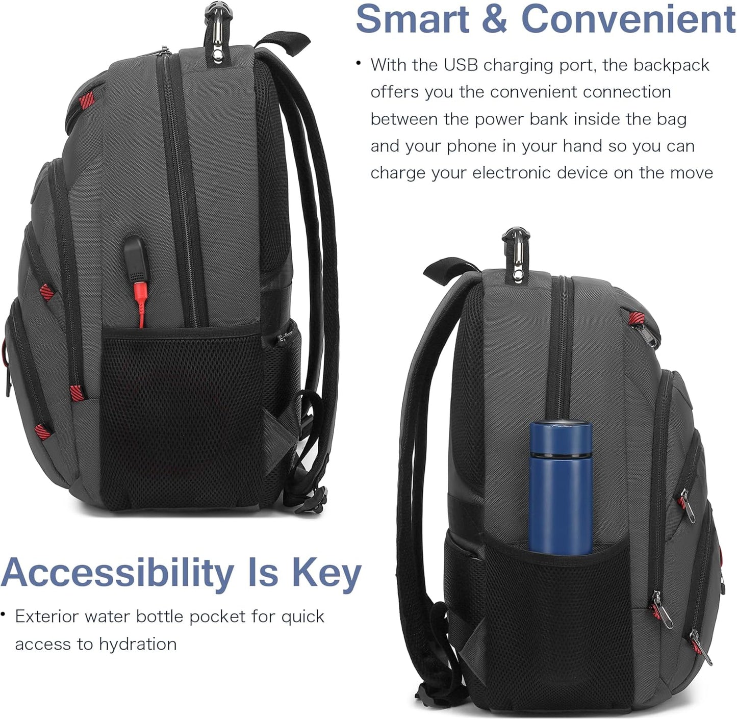 Boavan Laptop Backpack for men, 15.6 inch Laptop Bag with USB Port, Waterproof Travel Work Backpack Purse, Anti-Theft Teacher Nurse Doctor Casual Bookbags Office Business backpack，Grey