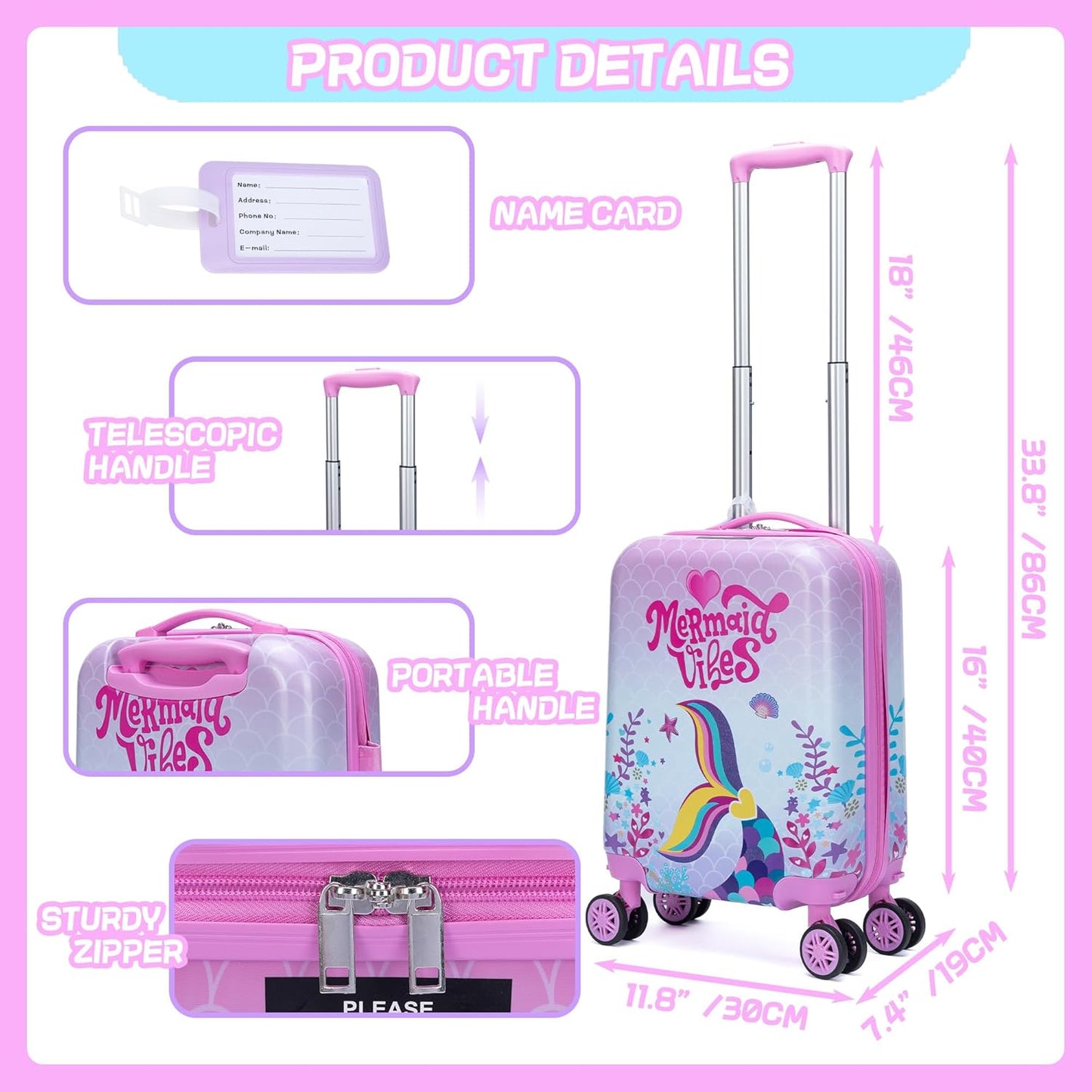 Cute Pink Mermaid Kid’s Luggage Set 5 Piece Suitcase Set 16’’ Hardside Luggage with Spinner Wheels Girls Boys Carry on Toddler Luggage Travel Rolling Luggage Carry on Luggage Airline Approved