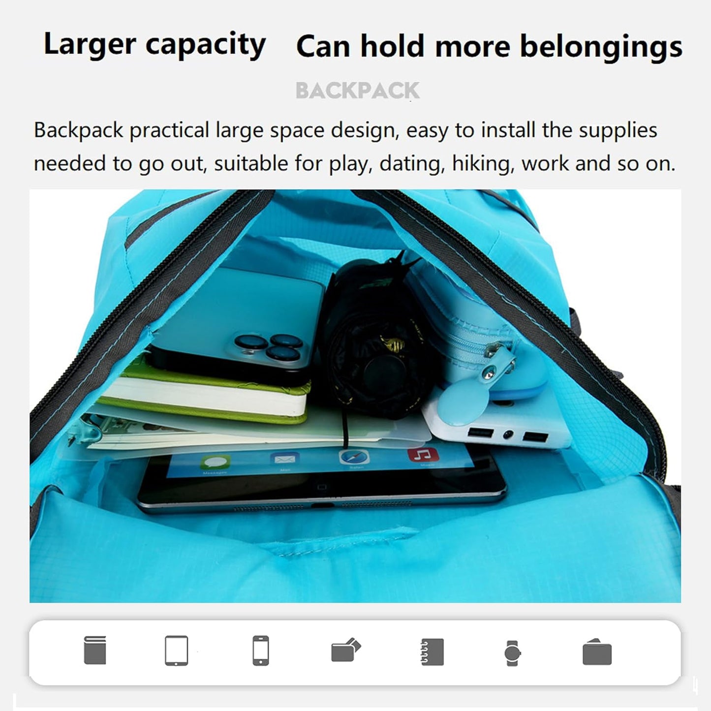 16L Hiking Daypack Lightweight Foldable Travel Backpack Water Repellent Camping Outdoor Packable Easy Carry-on Bag (Blue)