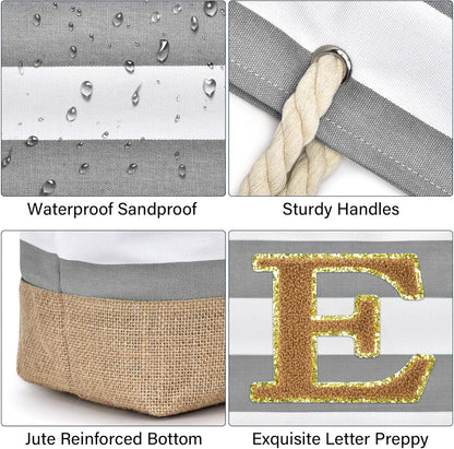 Becokan Beach Bag Initial Beach Tote with Makeup Bag for Travel Work Storage Personalized Birthday Gifts for Women Her